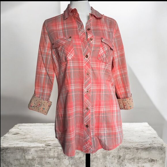 NWOT INKED & FADED (SM) Roper Women's Coral Pink Plaid Western Show Shirt - Picture 3 of 9